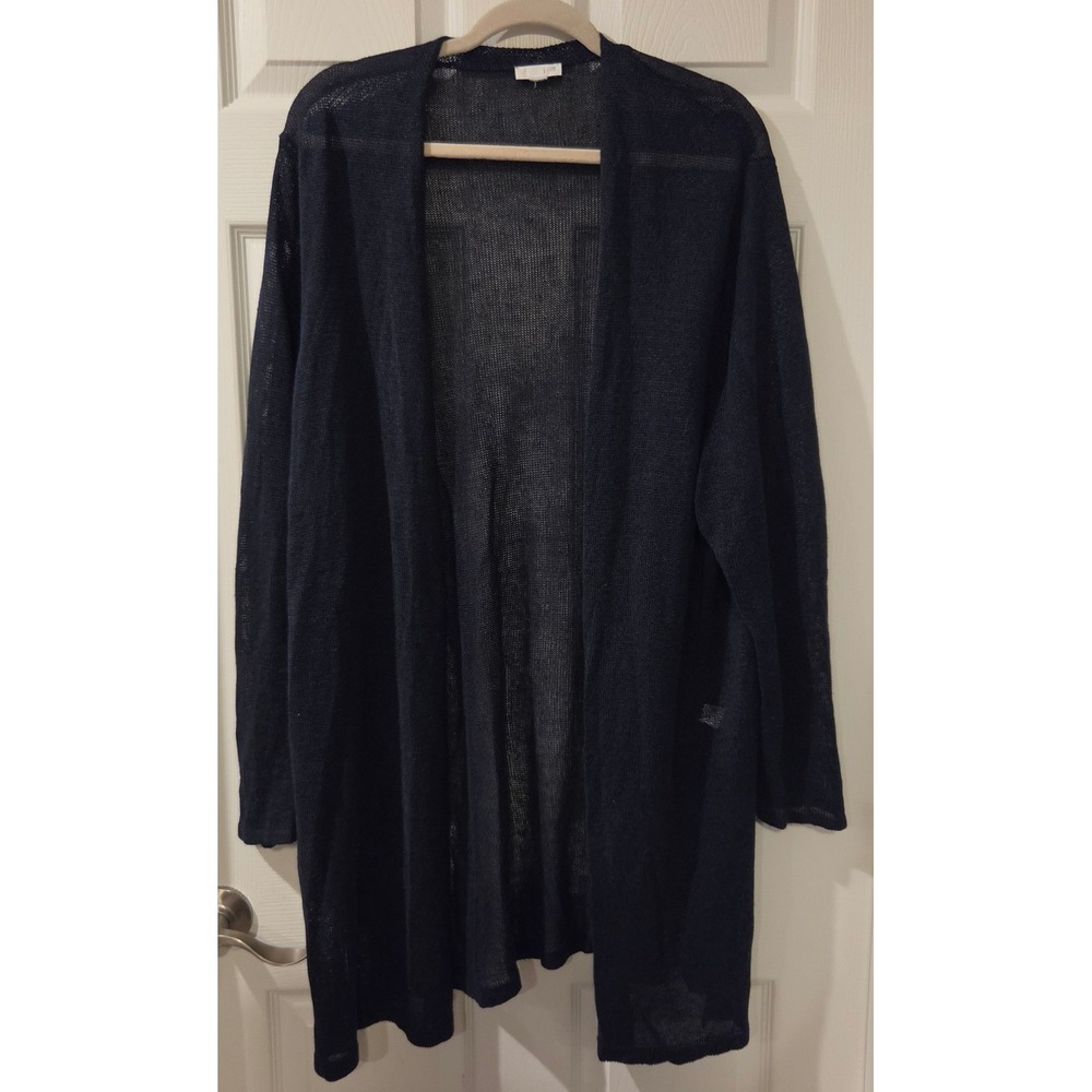 J.Jill Linen Blend Duster Cardigan XL 1X Navy Sheer Longline Open Front 39"